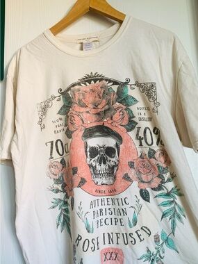 Project Social T White Crewneck Tee with Pink Rose & Teal Leaves Graphic